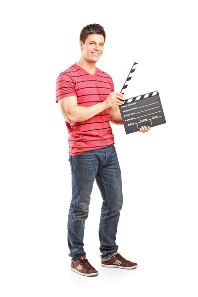Man holding open movie clap — Stock Photo, Image