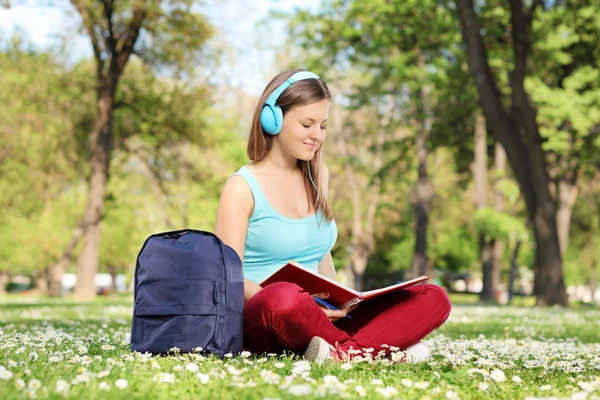 Student leesboek in park — Stockfoto
