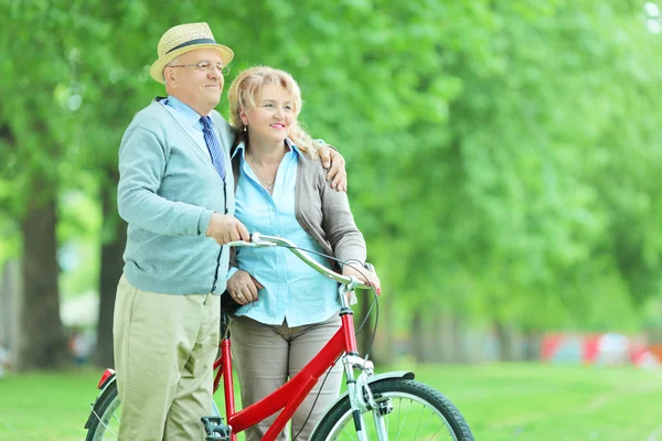 Pareja madura empujando bicicleta —  Fotos de Stock