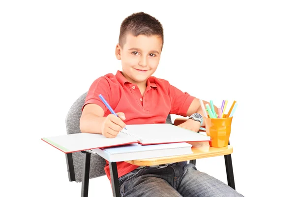 Schoolboy writing in a notebook — Stock Photo, Image