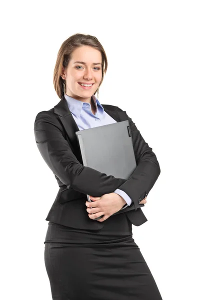 Affärskvinna kramas laptop — Stockfoto