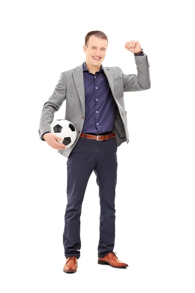 Football fan cheering with ball — Stock Photo, Image