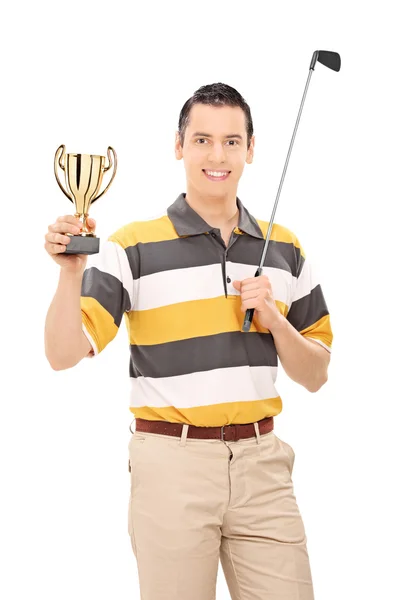 Golfista segurando troféu — Fotografia de Stock