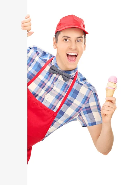 Ice cream seller behind panel — Stock Photo, Image