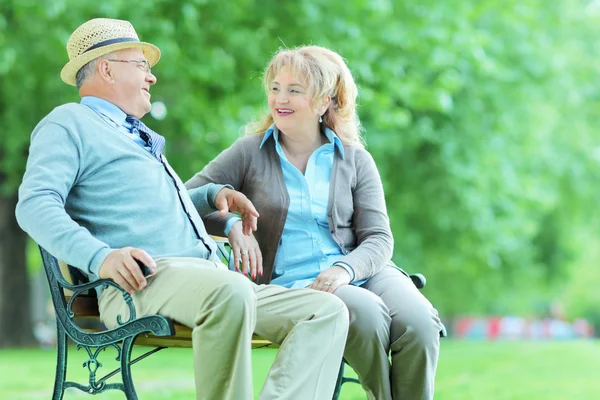 Зрелая пара разговаривает в парке — стоковое фото