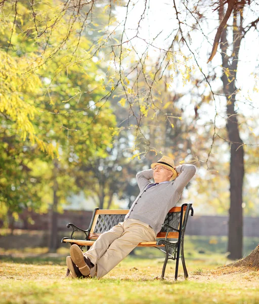 Gepensioneerde m/v ontspannen zitten in park — Stockfoto