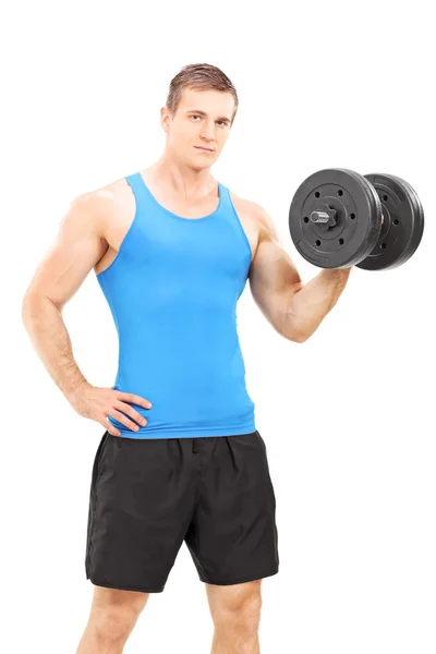 Handsome young man holding barbell — Stock Photo, Image