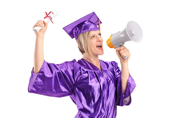 Graduate student speaking on megaphone — Stock Photo, Image