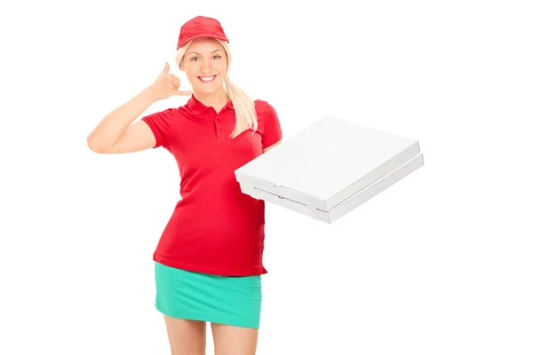 Delivery girl holding pizza boxes — Stock Photo, Image
