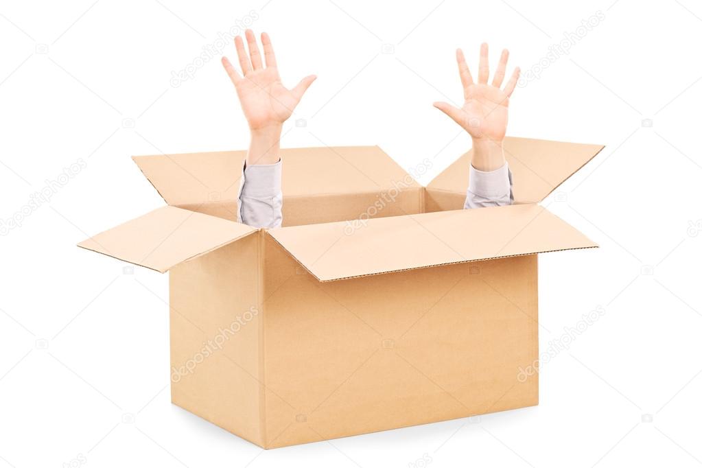 Hands arising from carton box