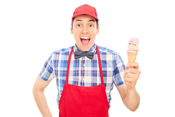 Cheerful vendor holding ice cream — Stock Photo, Image