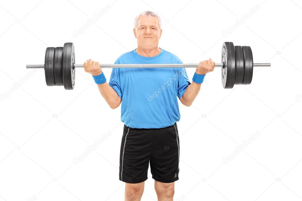 Elderly man holding heavy weight