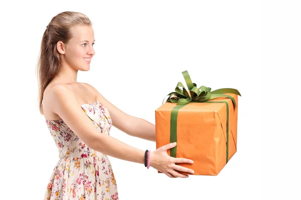Młoda kobieta trzymając wielki prezent — Zdjęcie stockowe