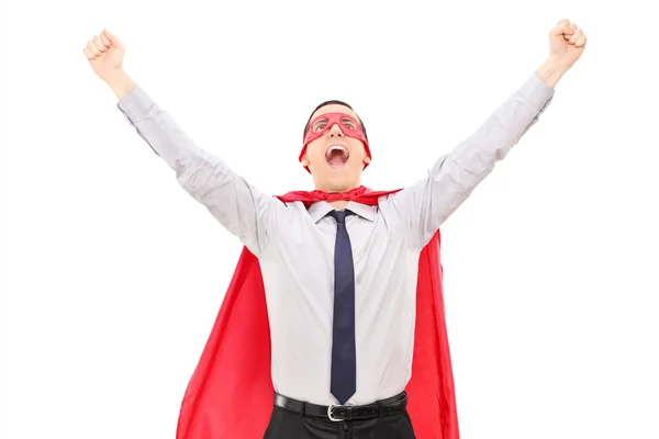 Male superhero raising his hands — Stock Photo, Image