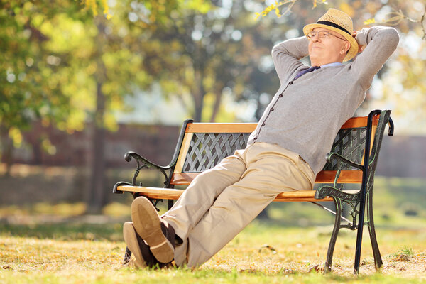 Pensioner on bench in park