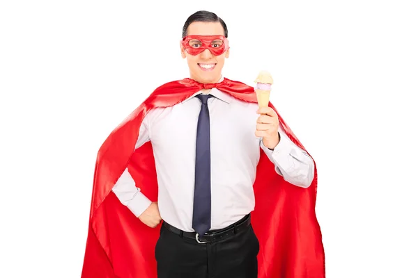 Superhero holding ice cream — Stock Photo, Image