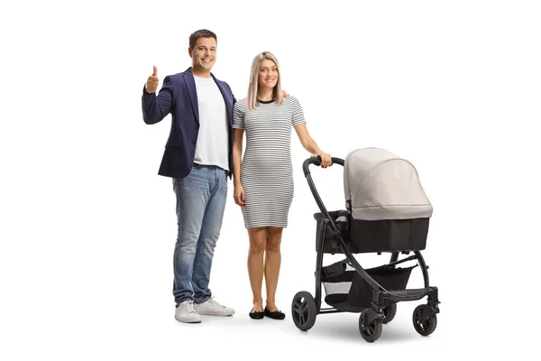 Full Length Portrait Father Gesturing Thumb Sign Mother Baby Stroller — Stock Photo, Image