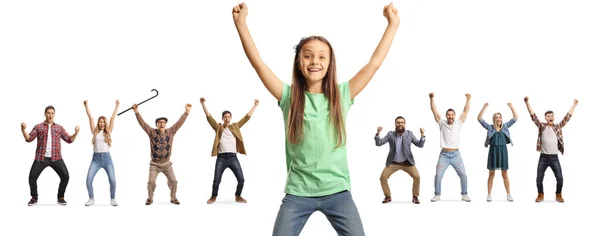 Lyckliga Barn Och Unga Och Äldre Människor Gestikulerar Lycka Isolerad — Stockfoto