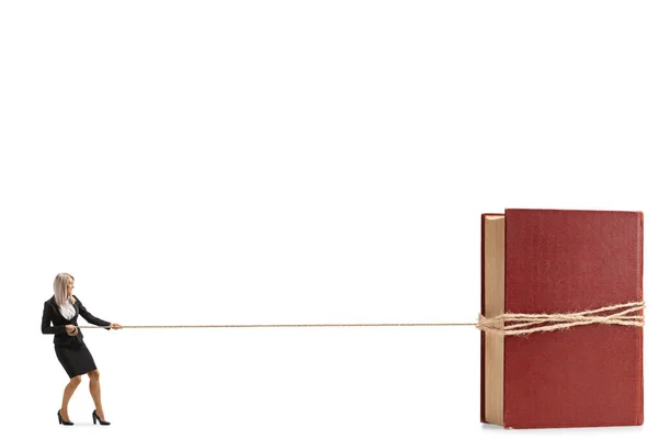 Полный Профиль Снимок Бизнесвумен Тянет Большую Книгу Веревкой Изолированы Белом — стоковое фото