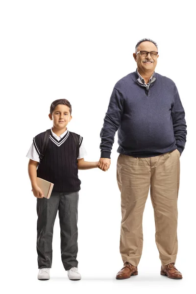 Full Length Portrait Mature Man Holding Hands Schoolboy Isolated White — Stock Photo, Image
