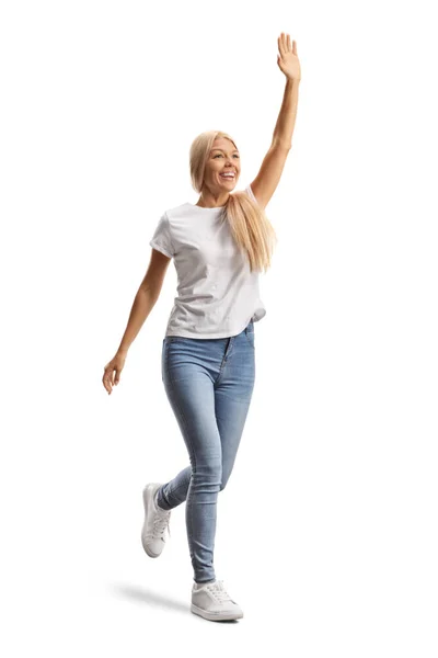 Full Length Shot Young Casual Woman Running Waving Hand Isolated — Stock Photo, Image