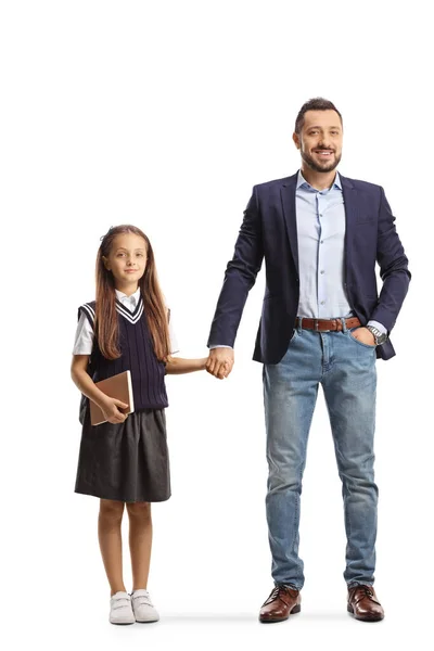 Retrato Comprimento Total Pai Levando Filha Escola Segurando Mãos Isoladas — Fotografia de Stock