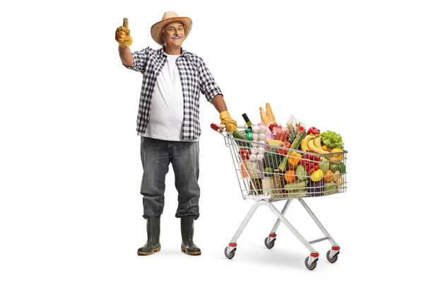 一个拿着购物车的农民的全长肖像 购物车里装满了用白色背景隔开的大拇指的产品 — 图库照片