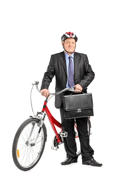 Empresário na frente da bicicleta — Fotografia de Stock