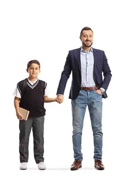 Retrato Comprimento Total Pai Filho Mãos Dadas Isoladas Sobre Fundo — Fotografia de Stock