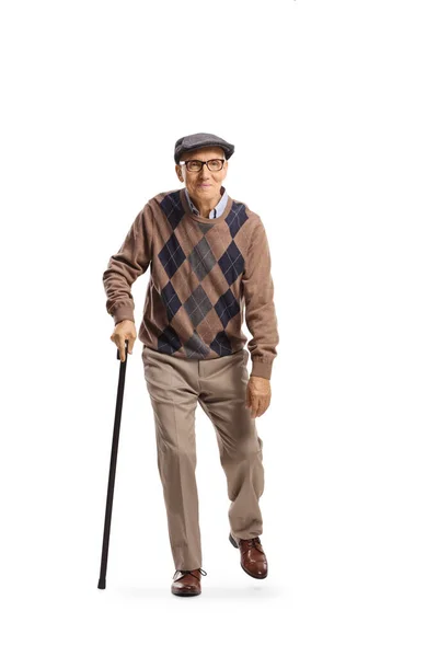 Plně Dlouhý Portrét Ohnutého Staršího Muže Kráčejícího Holí Izolovanou Bílém — Stock fotografie