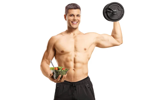 Shirtless Musuclar Young Man Holding Salad Lifting Weights Isolated White — Stock Photo, Image