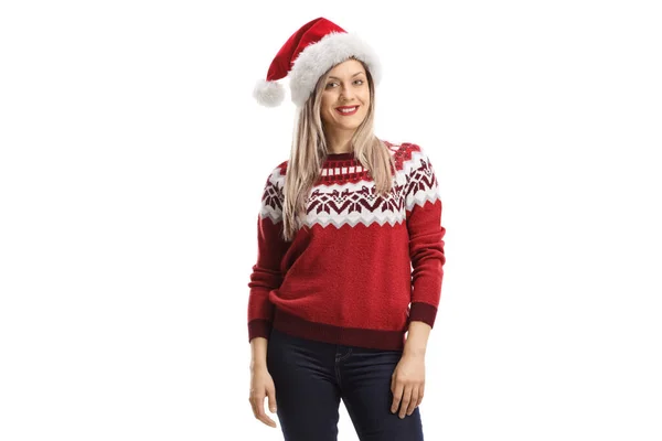 Blond Young Woman Christmas Red Sweater Santa Hat Isolated White — Stock Photo, Image