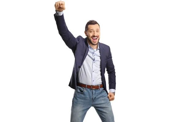 Joven Emocionado Haciendo Gestos Felicidad Aislado Sobre Fondo Blanco — Foto de Stock