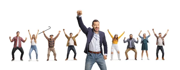 Cheerful Young Man Gesturing Happiness Other People Raising Arms Isolated — Stock Photo, Image