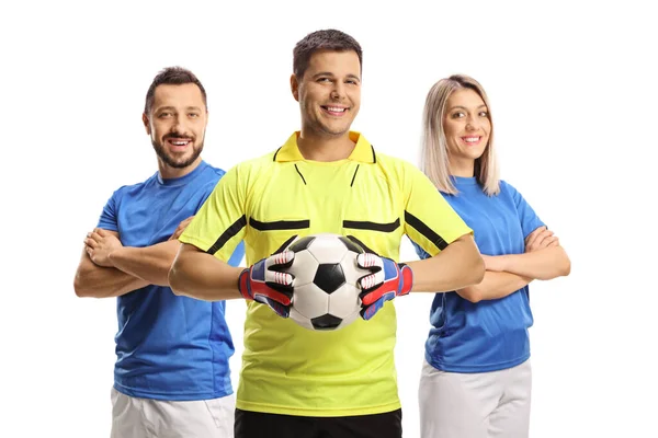 Jogadores Futebol Masculino Feminino Goleiro Entre Eles Isolado Fundo Branco — Fotografia de Stock