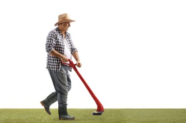 Yetişkin bir adamın beyaz arka planda izole edilmiş bir budama makinesiyle otları yürüttüğü ve budadığı uzun bir çekim.