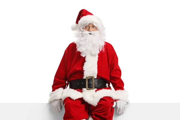 Санта Клаус Сидит Белом Баннере Белом Фоне — стоковое фото