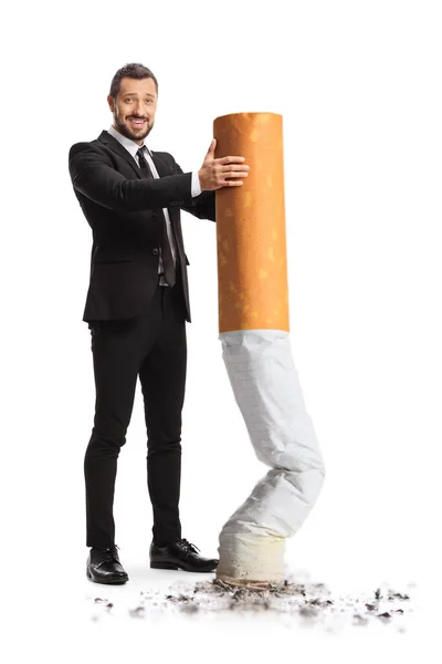 Retrato Completo Hombre Negocios Posponiendo Cigarrillo Grande Aislado Sobre Fondo — Foto de Stock