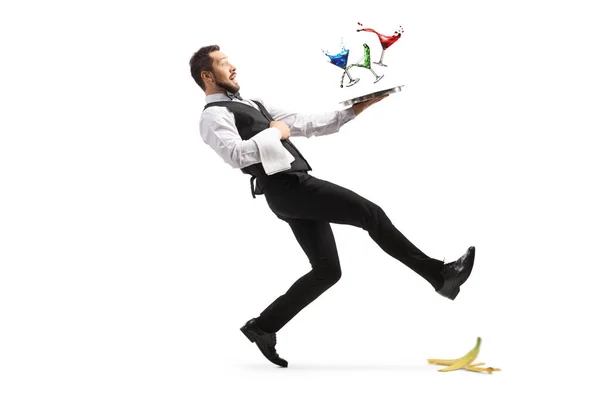 Scatto Completo Cameriere Che Scivola Una Buccia Banana Cade Con — Foto Stock