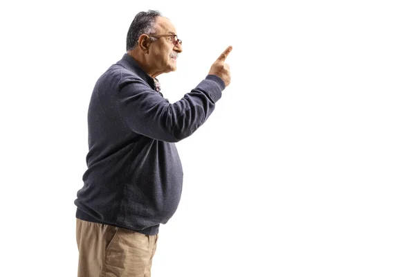 Profilo Colpo Uomo Maturo Arrabbiato Gesticolando Con Dito Isolato Sfondo — Foto Stock