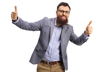Cheerful bearded man showing both thumbs up isolated on white background clipart