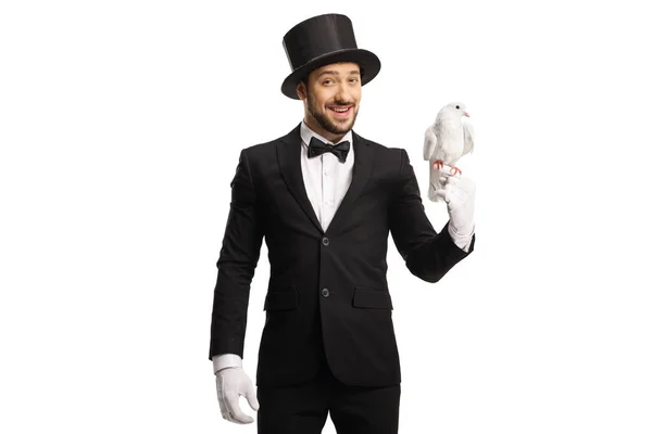 Kouzelník Drží Bílou Holubici Ruce Izolované Bílém Pozadí — Stock fotografie