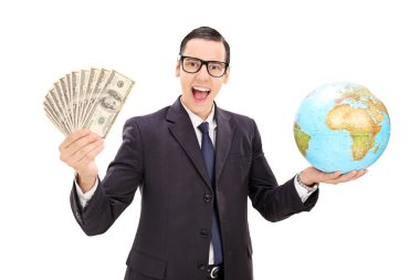 Businessman holding money and globe clipart