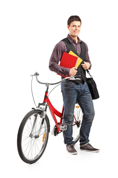 Estudante masculino em pé de bicicleta — Fotografia de Stock