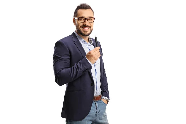 Bonito Homem Com Óculos Segurando Cigarro Eletrônico Sorrindo Isolado Fundo — Fotografia de Stock