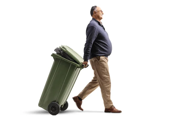 Full Length Profile Shot Mature Man Walking Pulling Plastic Waste — Zdjęcie stockowe