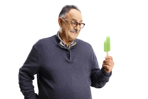 Happy Mature Man Holding Ice Lolly Isolated White Background — Stock Photo, Image