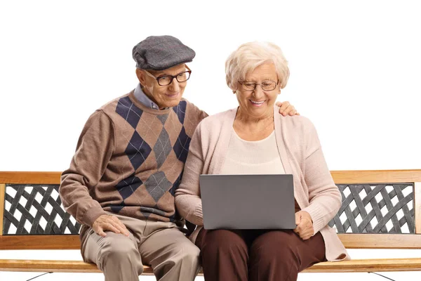 Elderly Couple Bench Laptop Computer Isolated White Background — Stock Photo, Image