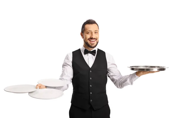 Professional Waiter Holding Empty Plates Silver Tray Isolated White Background — Stock Photo, Image