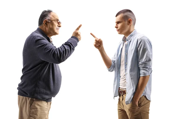 Mature Man Scolding Angry Young Guy Isolated White Background — Stock Photo, Image